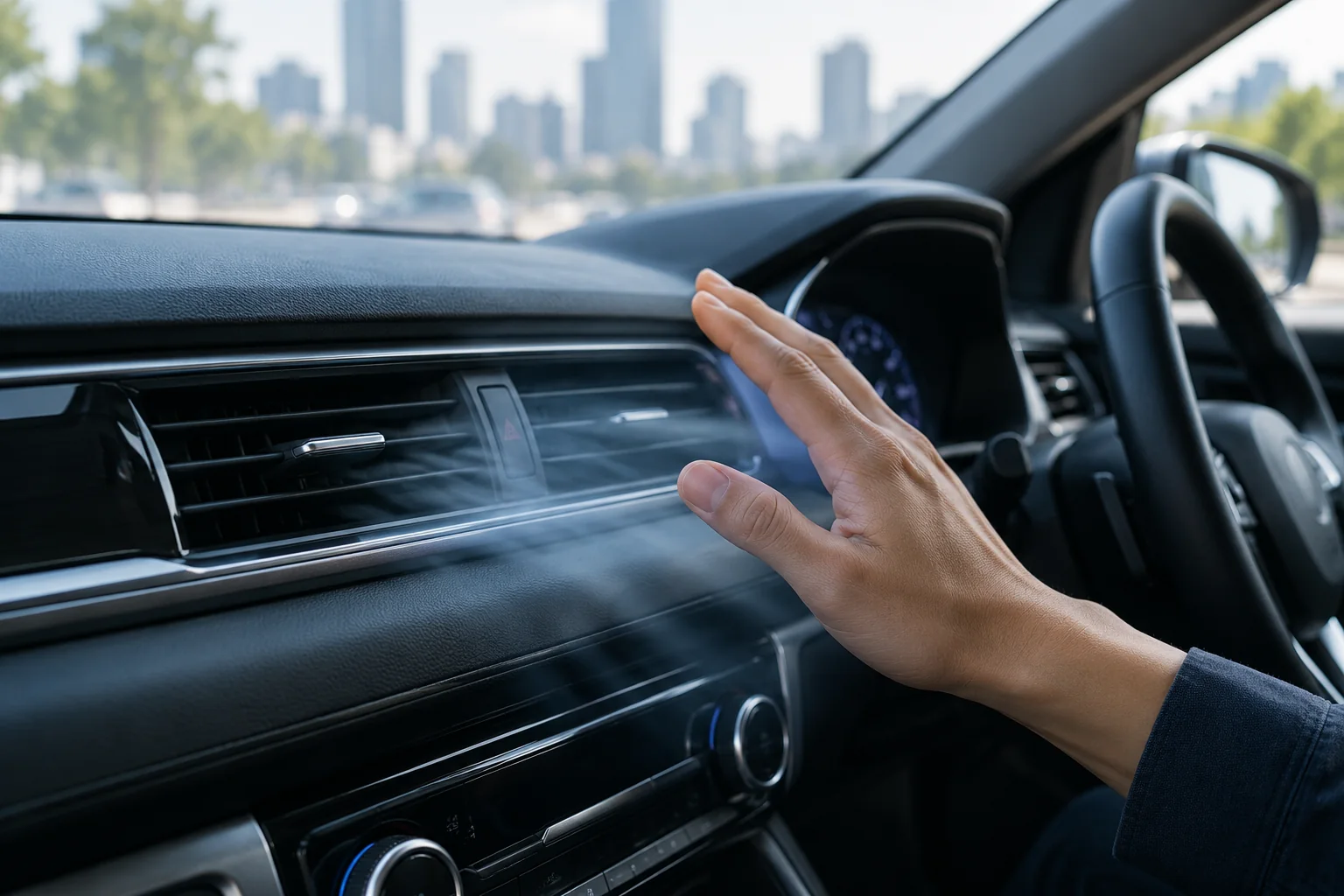 Tangan merasakan hembusan udara dari ventilasi AC mobil