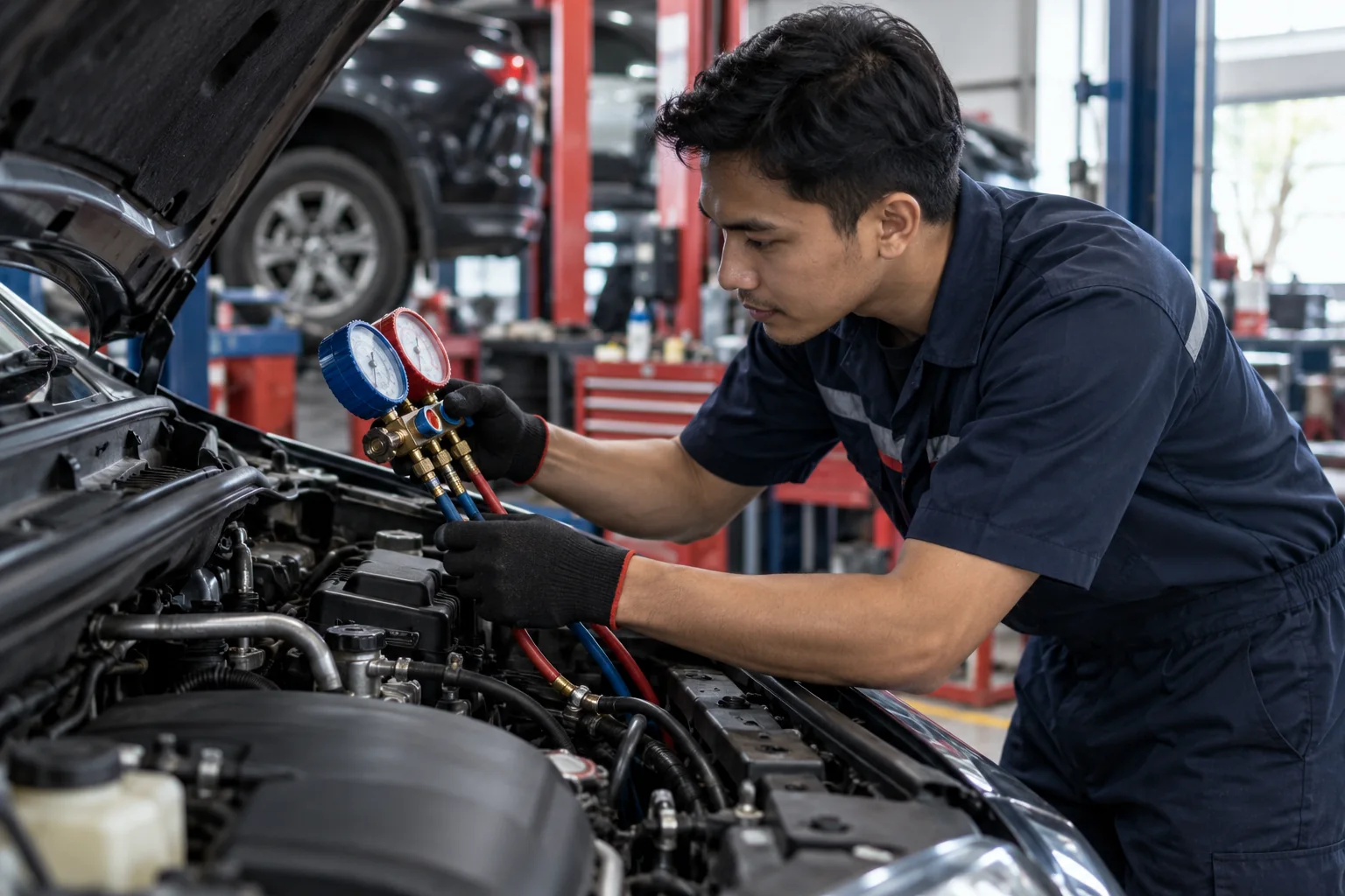 Teknisi memeriksa sistem AC mobil dengan alat pengukur tekanan